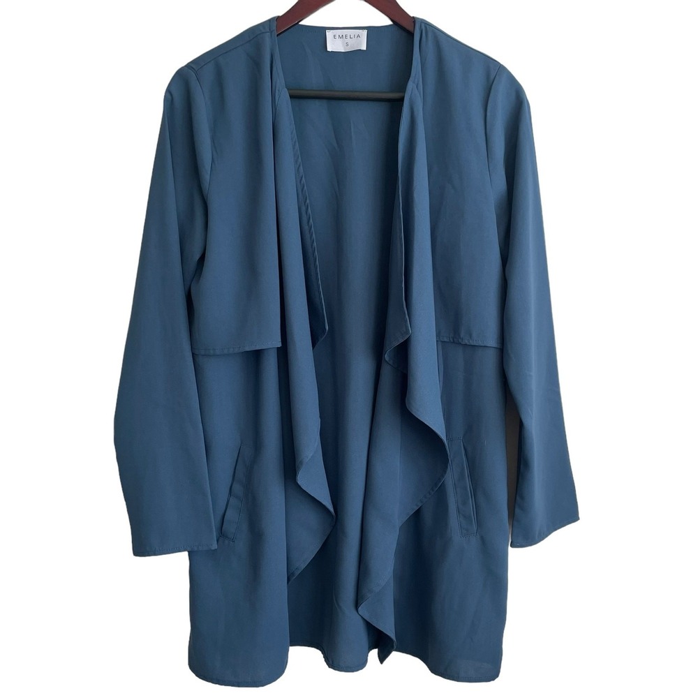 Emelia Women Minimalist Chic Duster Jacket S Blue‎ Layering Waterfall Open Front